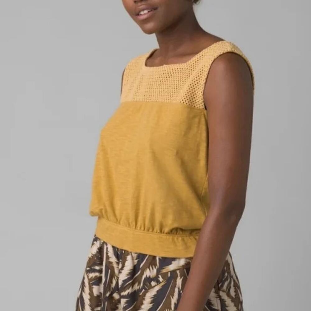 Prana Size XS Abbott Pass Crochet Detail Tank Top Yellow Canella Organic Cotton